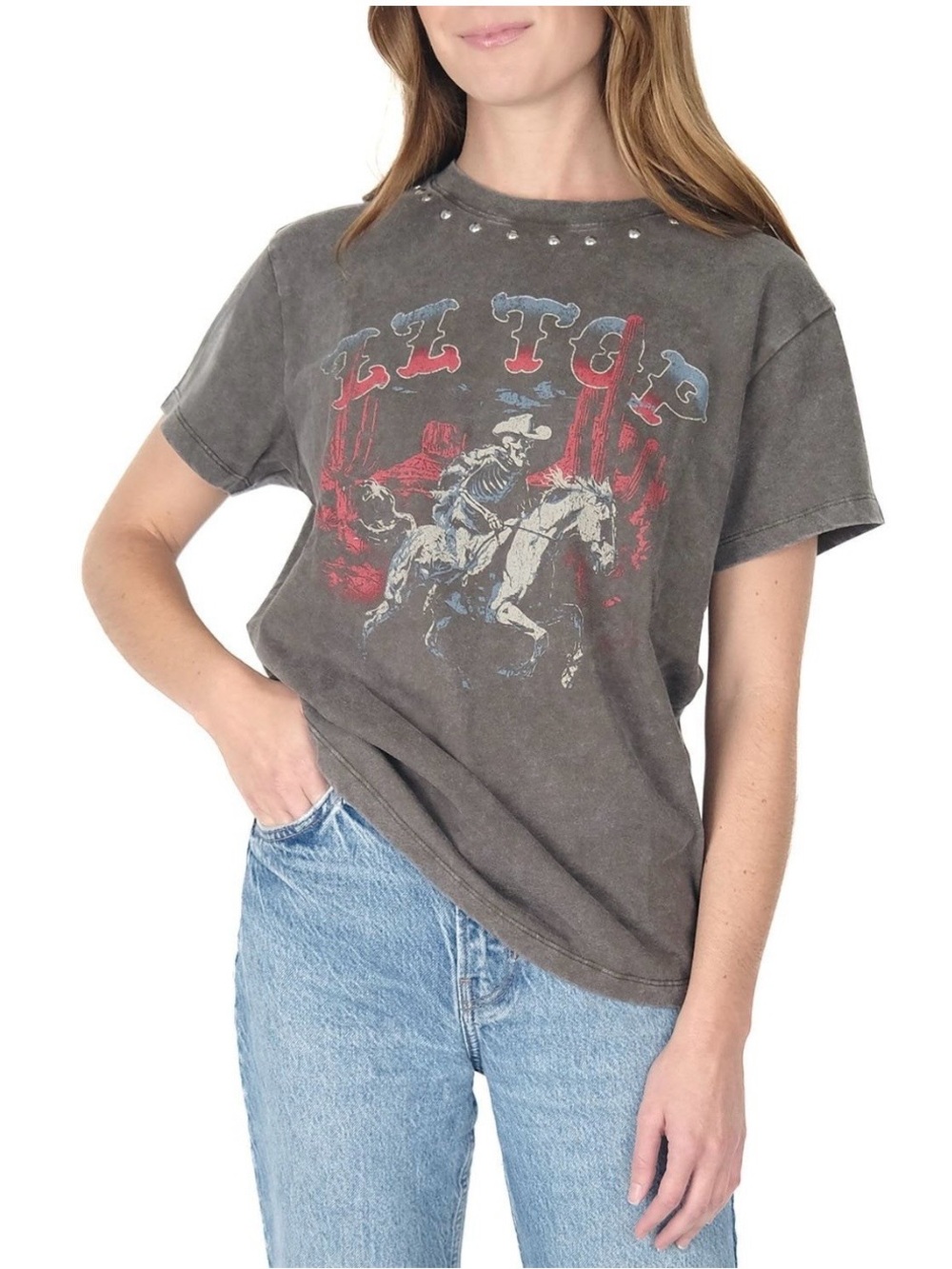 Women’s Vintage-Style ZZ Top Studded Graphic Tee in Mineral Washed Gray
